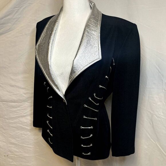 Vintage Cache Peplum Leather Womens Blazer Jacket Stretch Fabric Silver Black - Picture 2 of 11